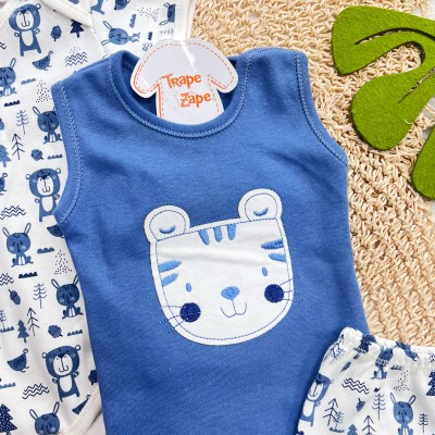 CONJ. DE MALHA 3 PEÇAS - Tigre - Azul Jeans e Off White